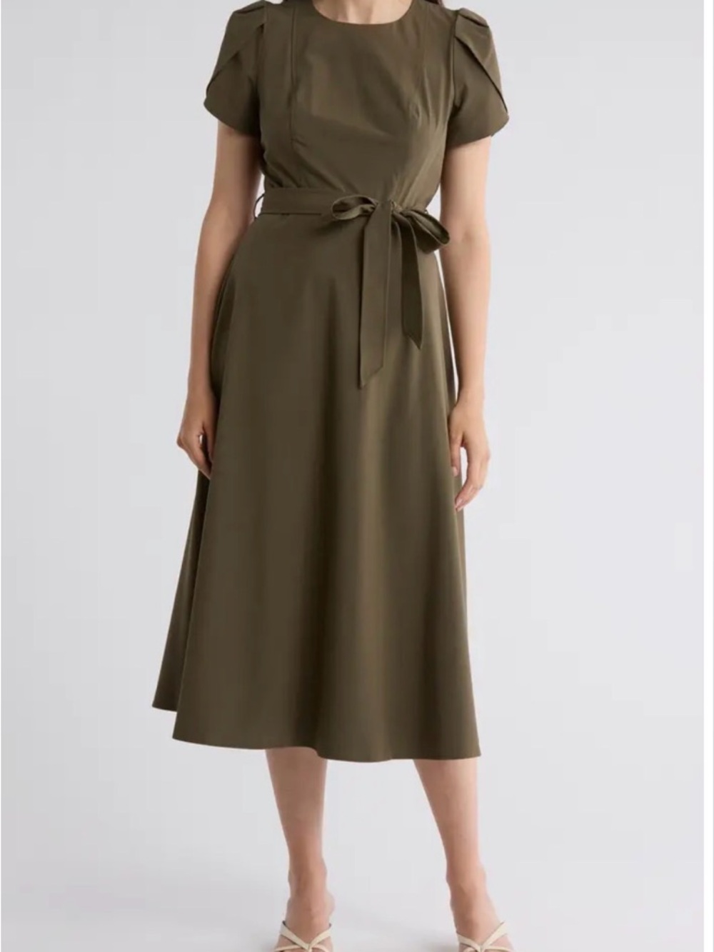 Calvin Klein Olive Green Fit and Flare Tulip Sleeve Midi Dress. Size 12P. NWT